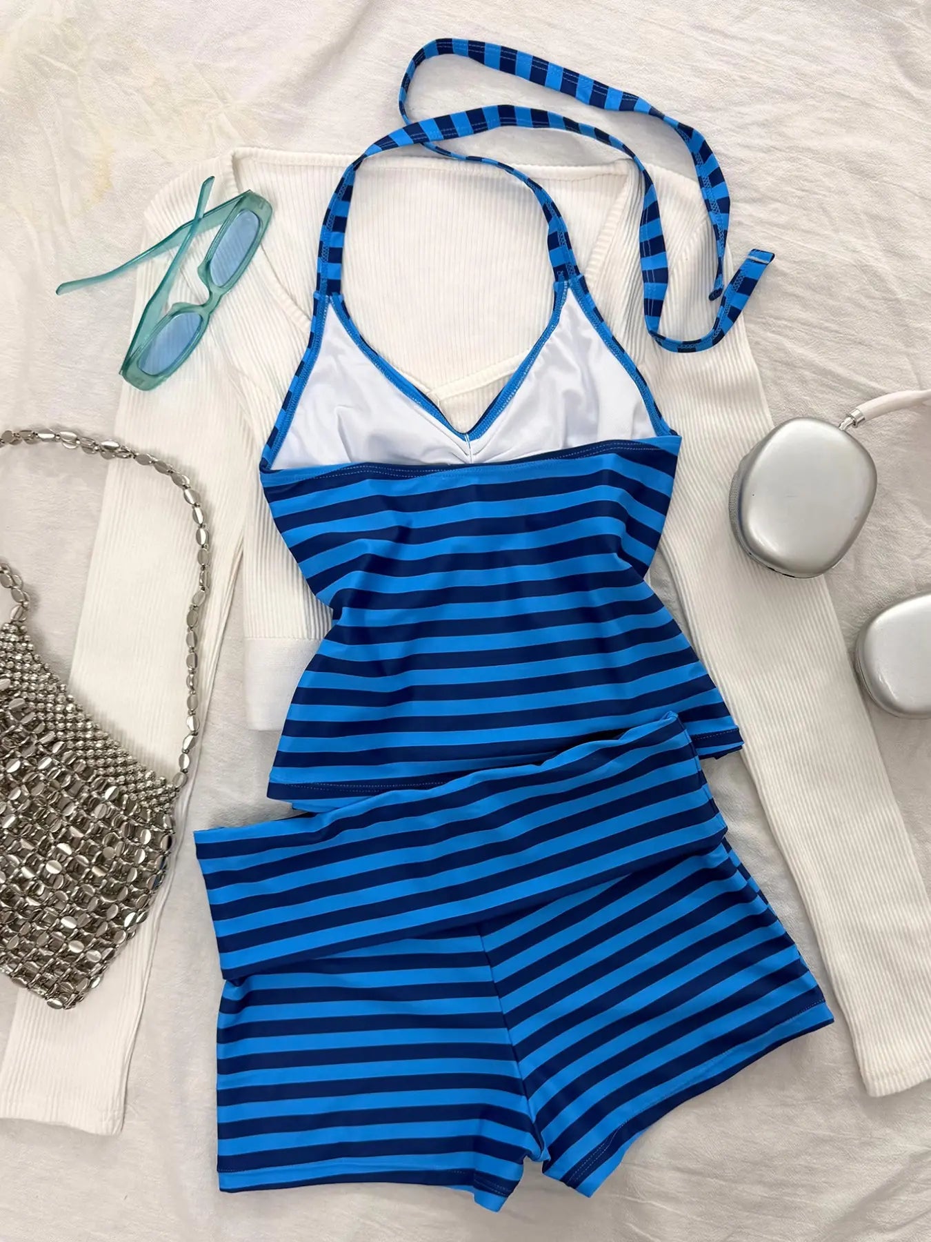 Striped Tankini Swimsuit, Elegant Sexy Halter Crop Top & Boyshorts, Women Sporty Swimwear for Beach Pool Vacation, Spring and Summer, Striped Swimsuits, Sporty Bathing Suit, Halter Neck Tankini