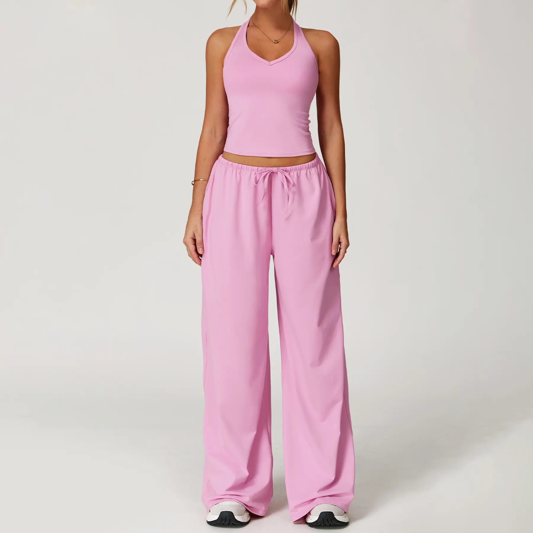 Nvwaurban Women's 2-Piece Summer Athleisure Set: Ribbed V-Neck Top and Wide Leg Pants for Gym and Travel