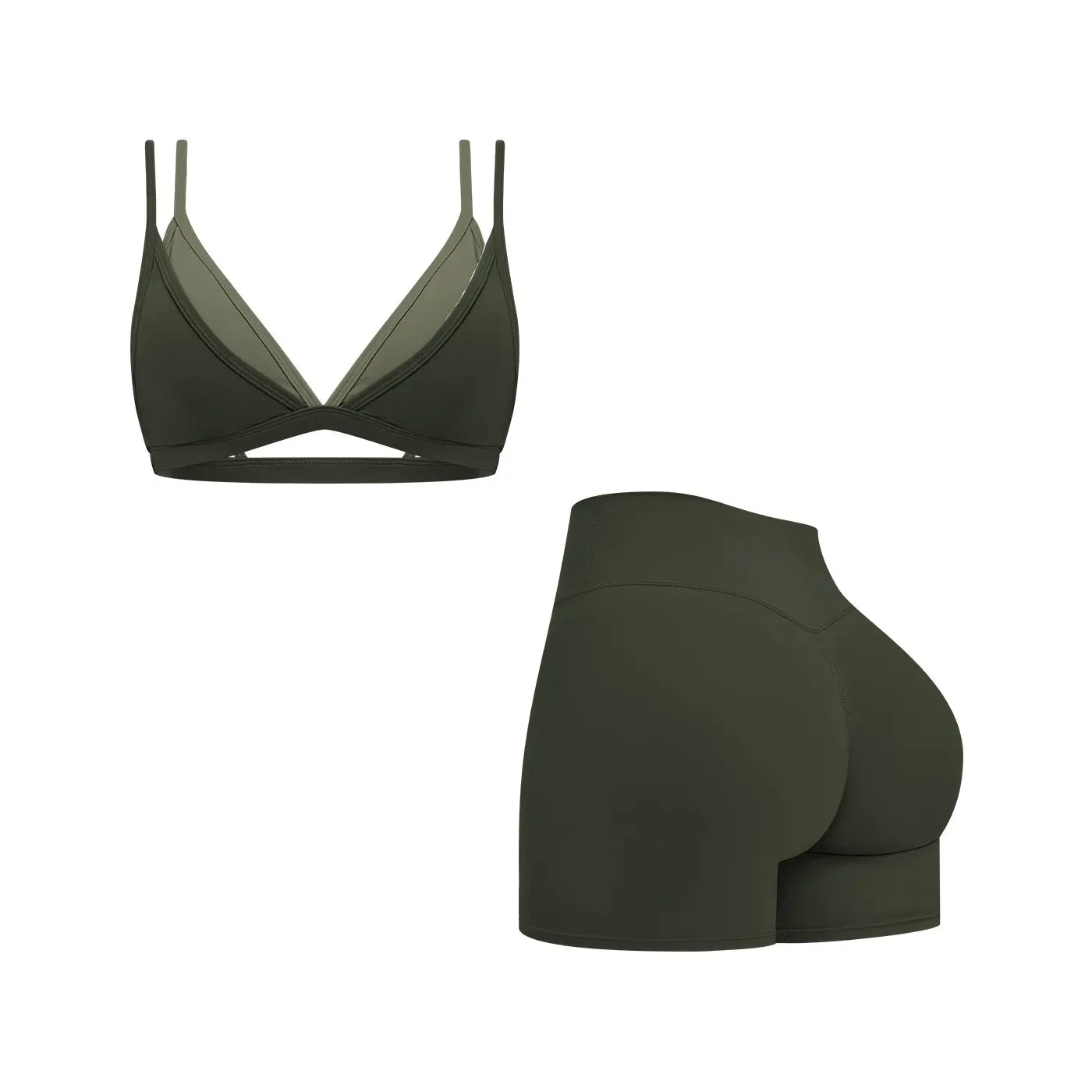 MFVIM Women's Faux Two-Piece Bra with Elegant Back Design and Thin Straps, Complemented by High-Waisted Solid-Color Slim Shorts; Ideal for Outdoor Activities, Yoga, Pilates, Gym Workouts, and Running.
