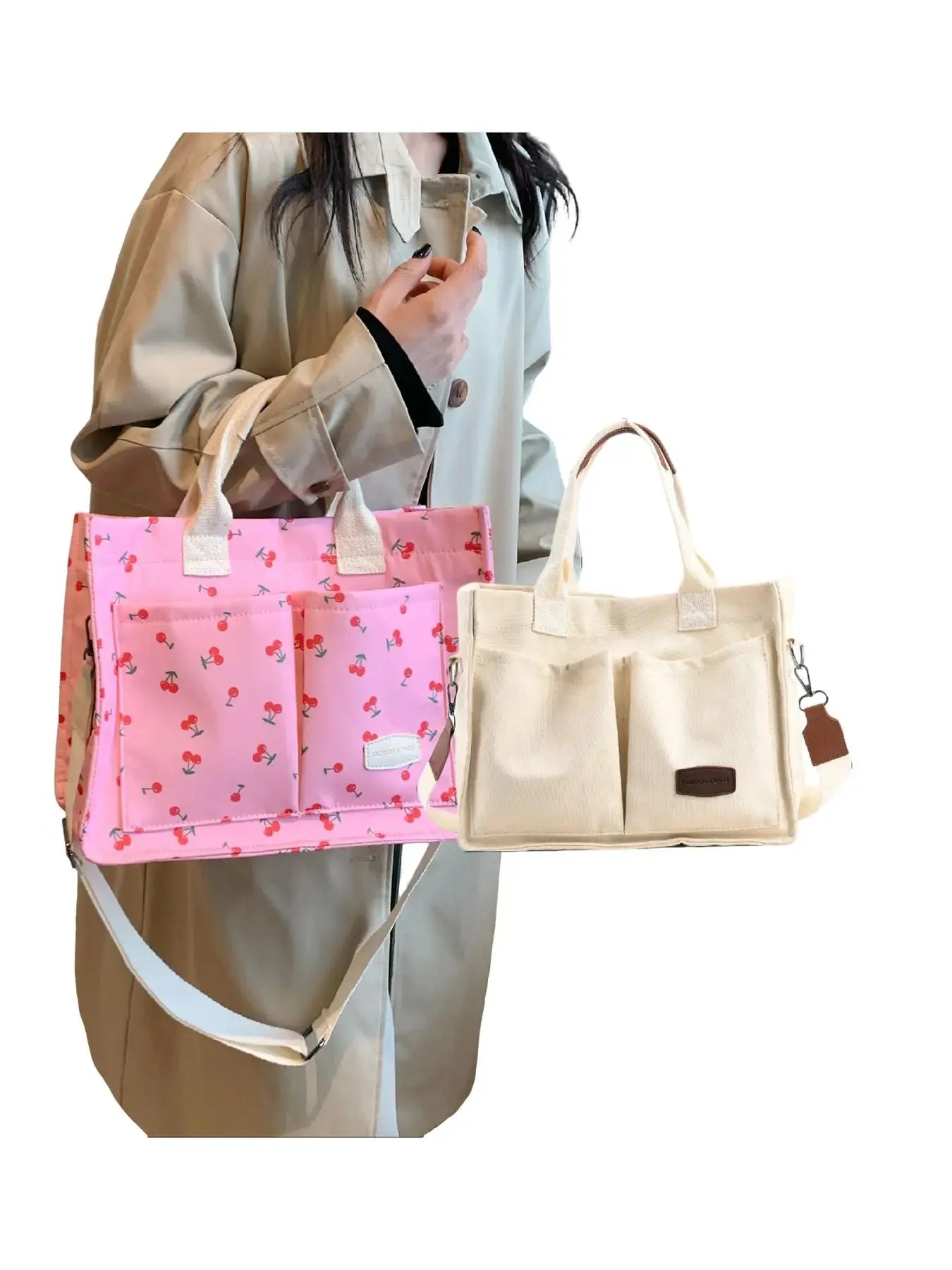 Summer Tote Bag for Women - Versatile Cherry Pattern Work and Beach Bag, Stylish Fabric Shoulder Bag for Everyday Use