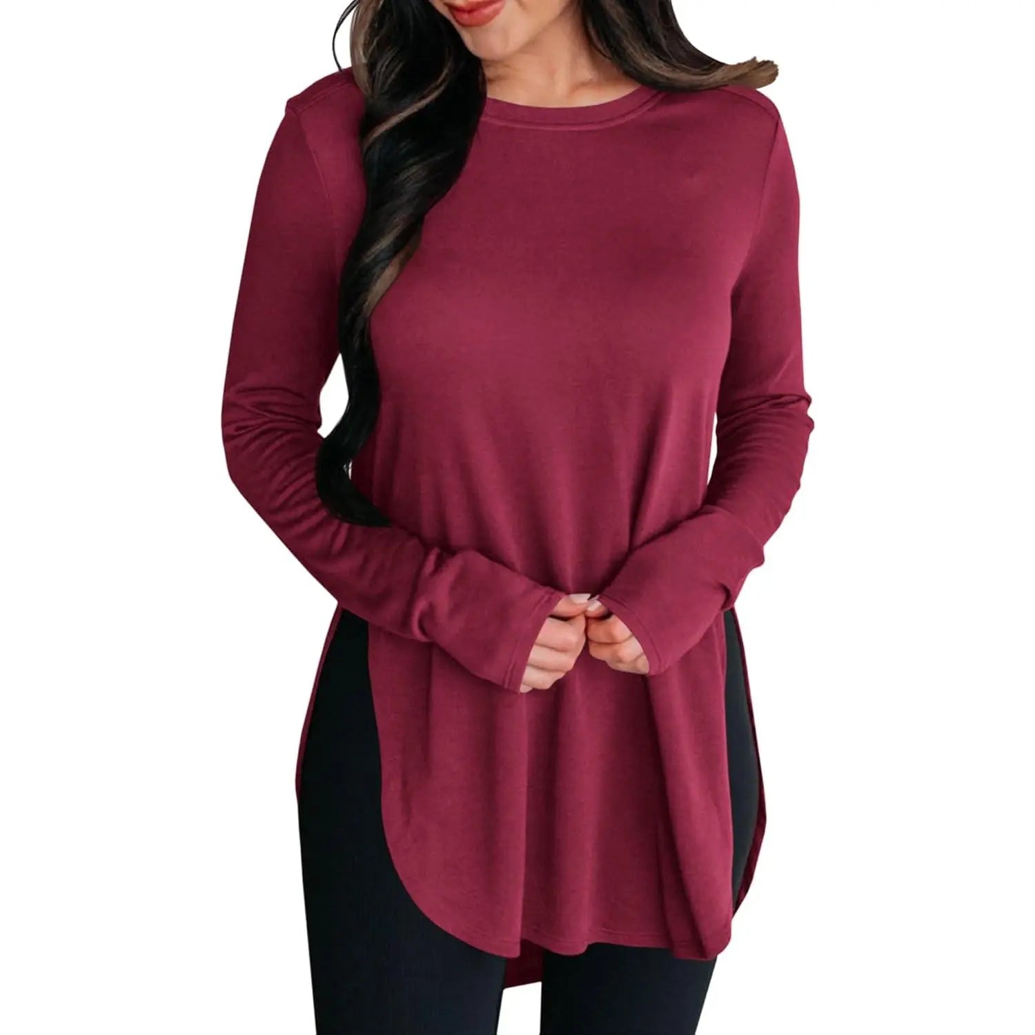 Women's Stylish Casual Tunic Top - Long Sleeve Viscose Elastane Pullover with Side Split Hi-Low Hem for Effortless Dressy Comfort