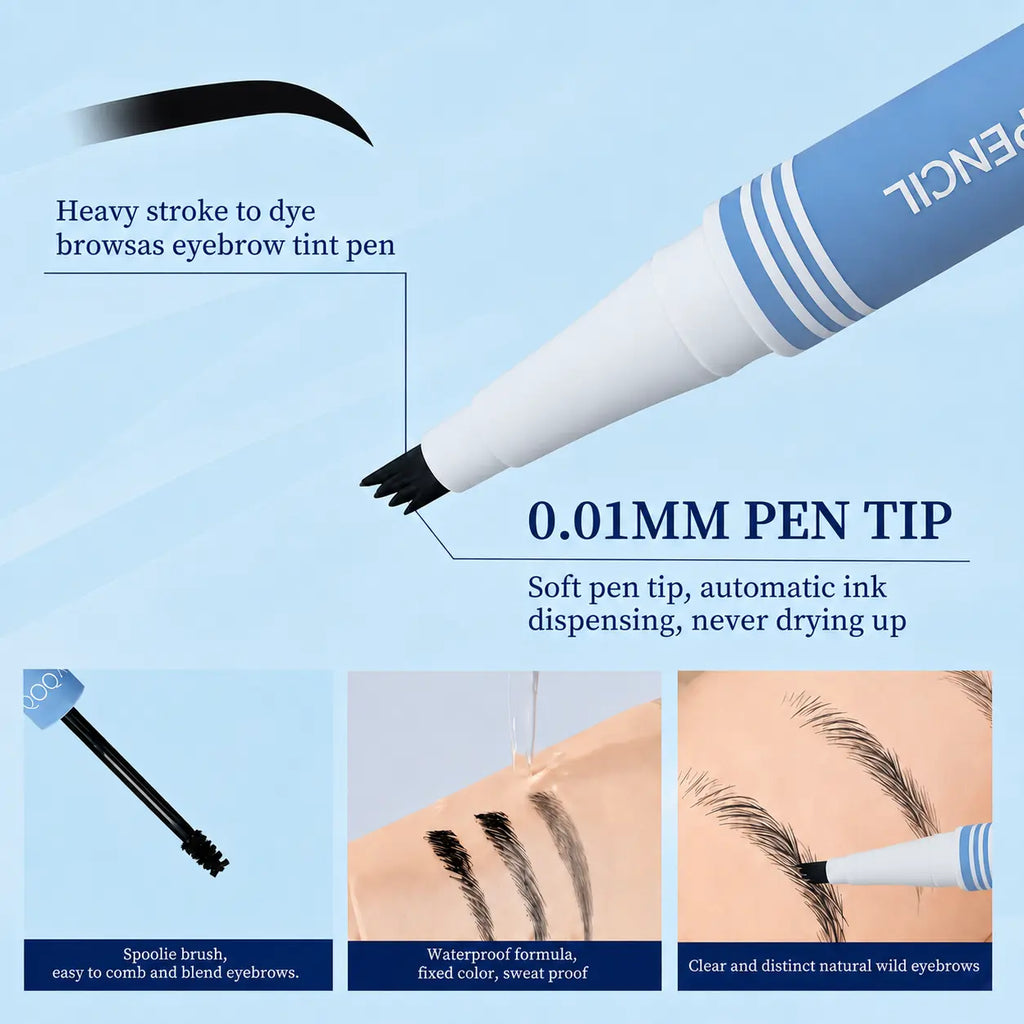 【Qcqx】Waterproof 2-In-1 Micro-Fork Eyebrow Pen & Tinted Gel — Long-Lasting Brow Tool for Natural, Hair-Like Strokes; Includes Brow Shaping Brush; Essential Makeup Tool and Accessory.