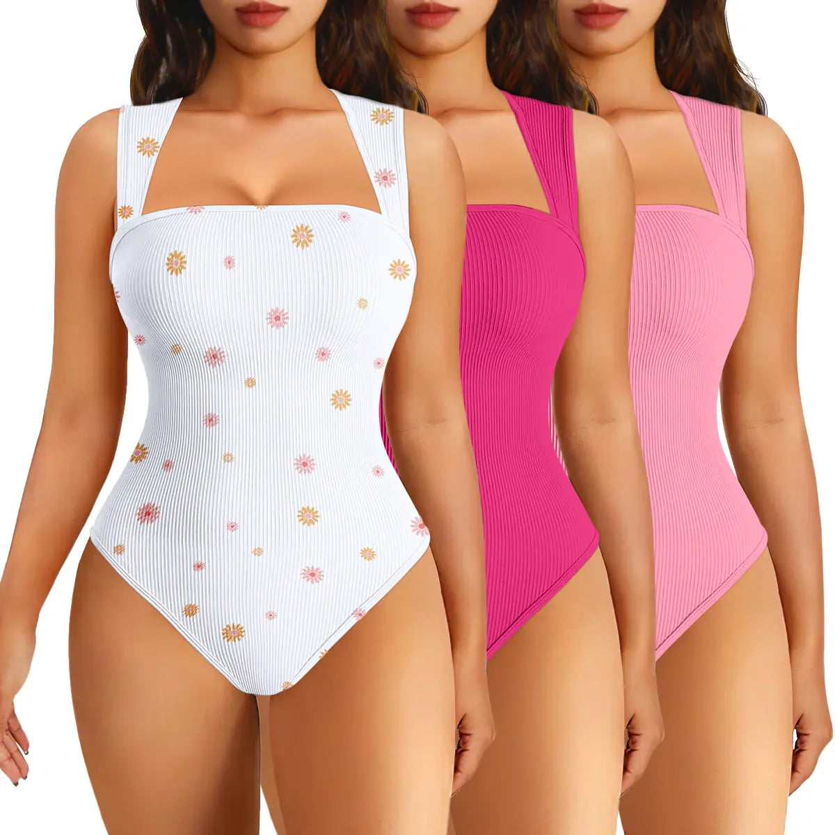 Oqqfitness Women's 3-Piece Ribbed Printed Bodysuit Set - Square Neck, Sleeveless, Stretchy Top for Casual Chic Elegance in All Seasons