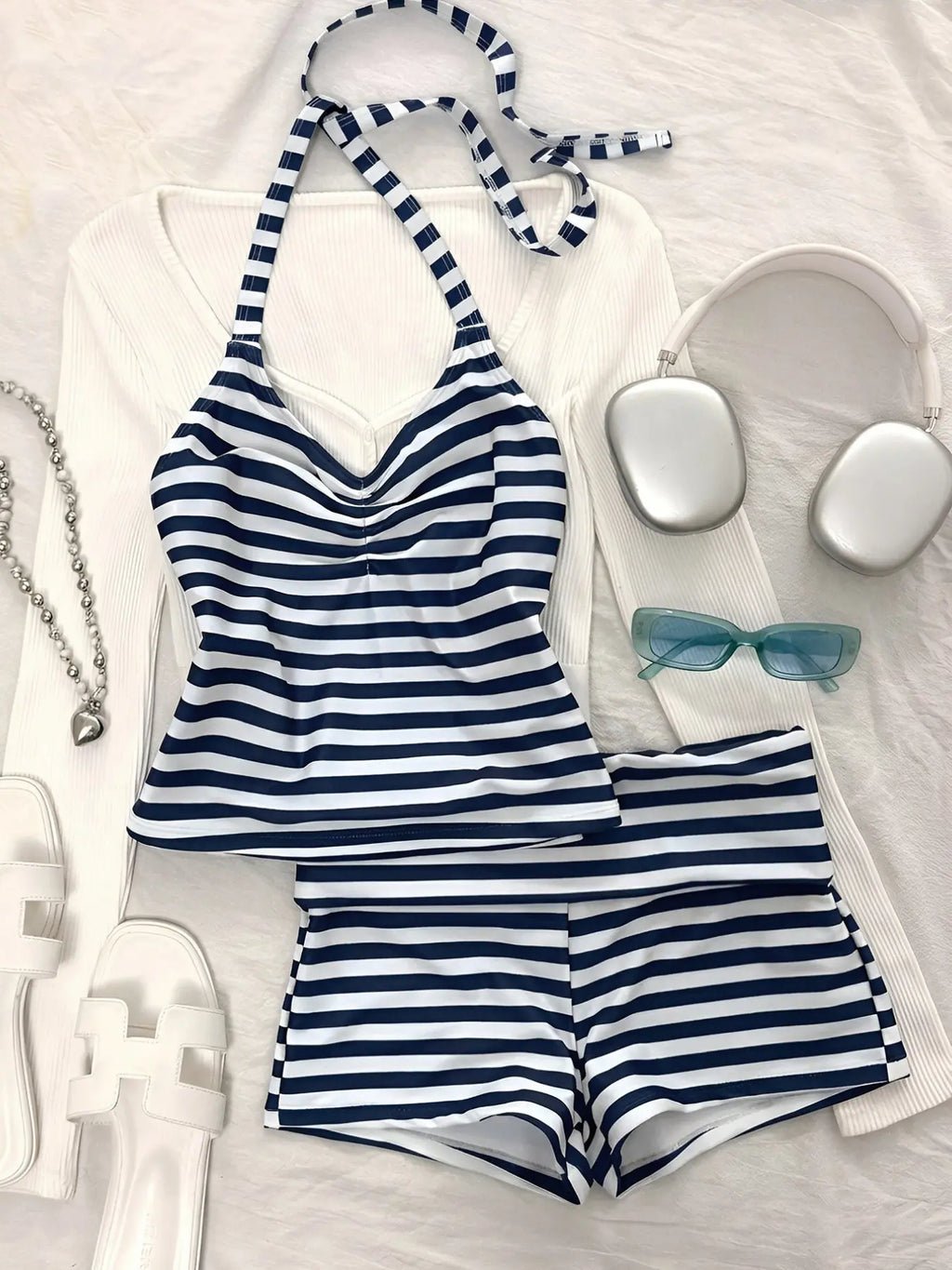 Striped Tankini Swimsuit, Elegant Sexy Halter Crop Top & Boyshorts, Women Sporty Swimwear for Beach Pool Vacation, Spring and Summer, Striped Swimsuits, Sporty Bathing Suit, Halter Neck Tankini