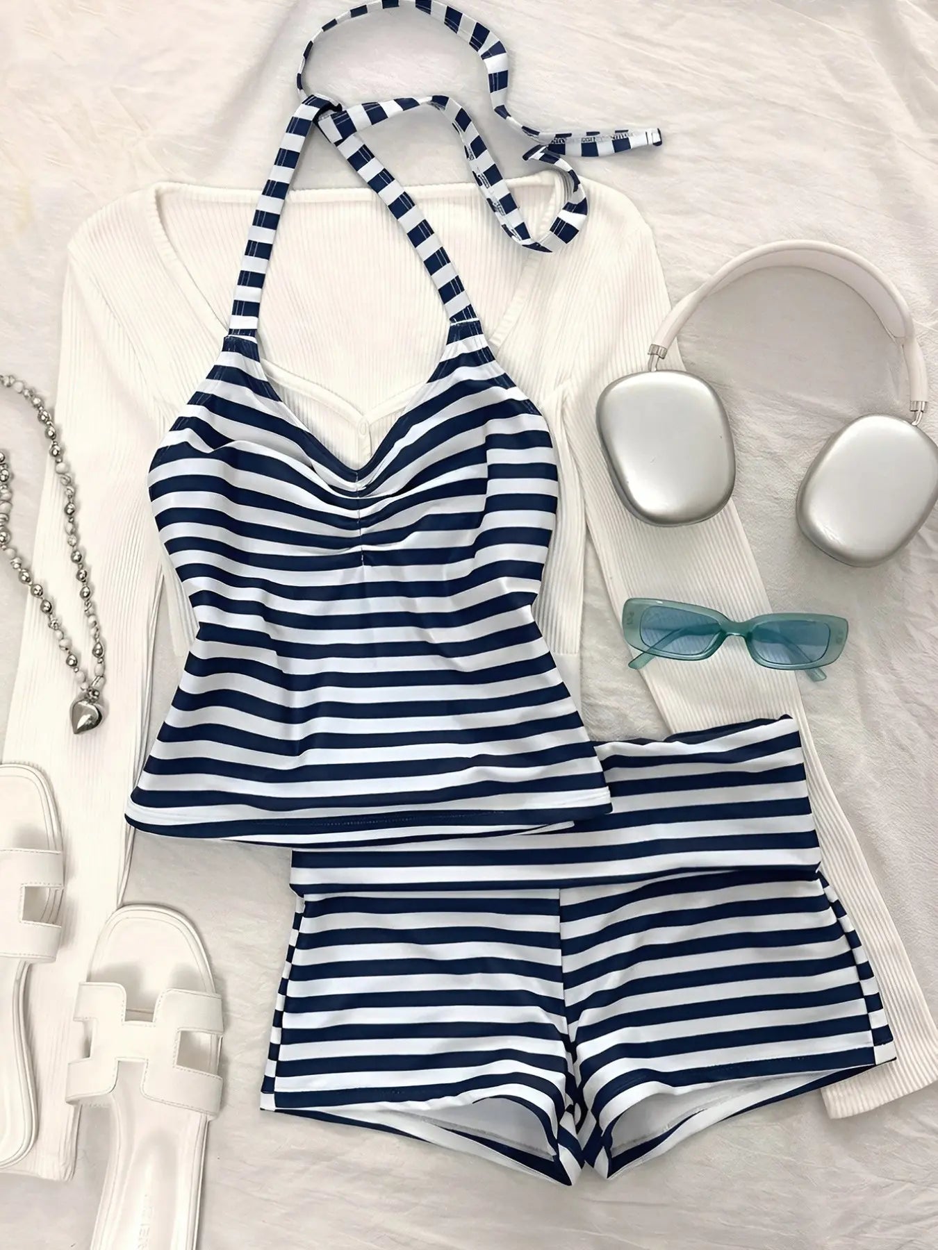 Striped Tankini Swimsuit, Elegant Sexy Halter Crop Top & Boyshorts, Women Sporty Swimwear for Beach Pool Vacation, Spring and Summer, Striped Swimsuits, Sporty Bathing Suit, Halter Neck Tankini