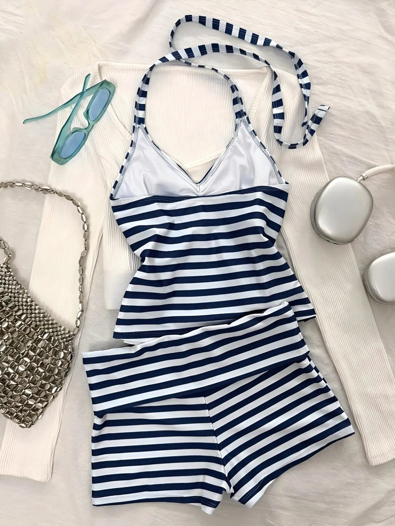 Striped Tankini Swimsuit, Elegant Sexy Halter Crop Top & Boyshorts, Women Sporty Swimwear for Beach Pool Vacation, Spring and Summer, Striped Swimsuits, Sporty Bathing Suit, Halter Neck Tankini