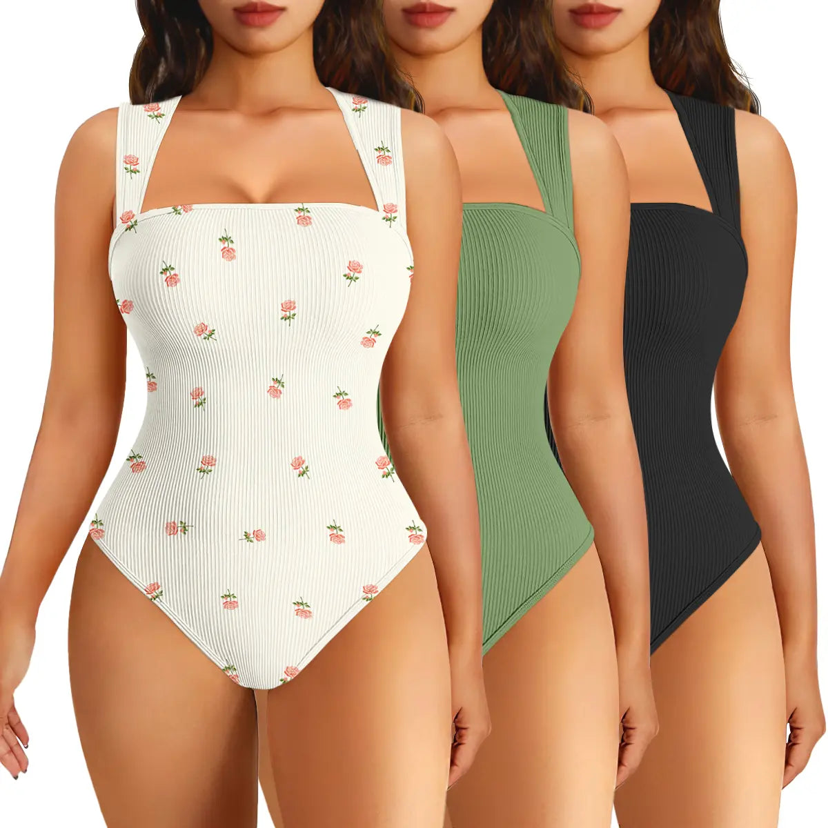 Oqqfitness Women's 3-Piece Ribbed Printed Bodysuit Set - Square Neck, Sleeveless, Stretchy Top for Casual Chic Elegance in All Seasons