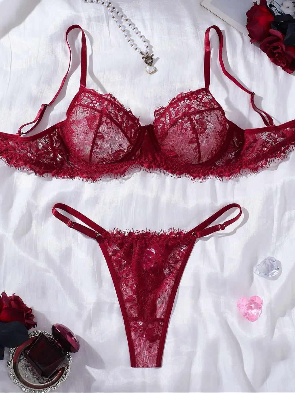 Women's Lace Floral Bra and Panty Set - Elegant Solid Color Lingerie Collection