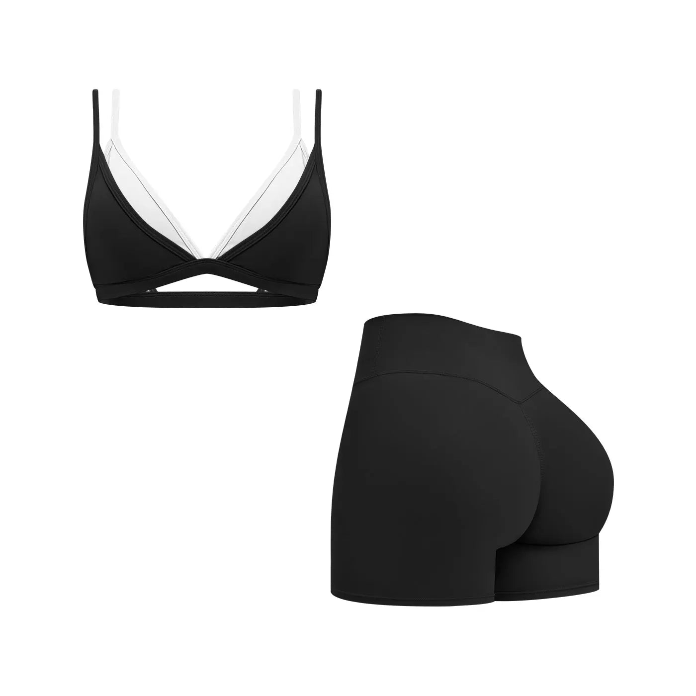 MFVIM Women's Faux Two-Piece Bra with Elegant Back Design and Thin Straps, Complemented by High-Waisted Solid-Color Slim Shorts; Ideal for Outdoor Activities, Yoga, Pilates, Gym Workouts, and Running.