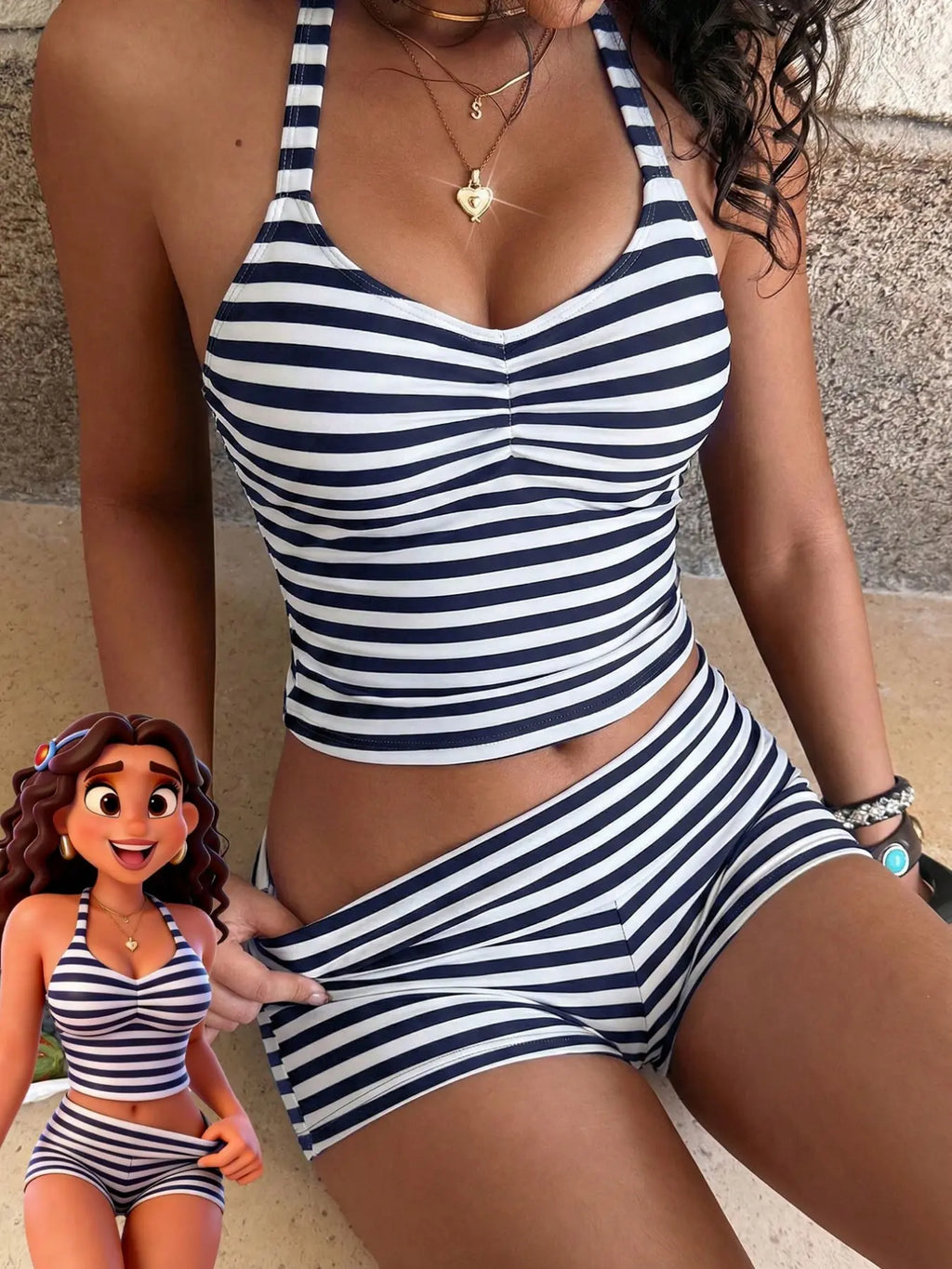 Striped Tankini Swimsuit, Elegant Sexy Halter Crop Top & Boyshorts, Women Sporty Swimwear for Beach Pool Vacation, Spring and Summer, Striped Swimsuits, Sporty Bathing Suit, Halter Neck Tankini