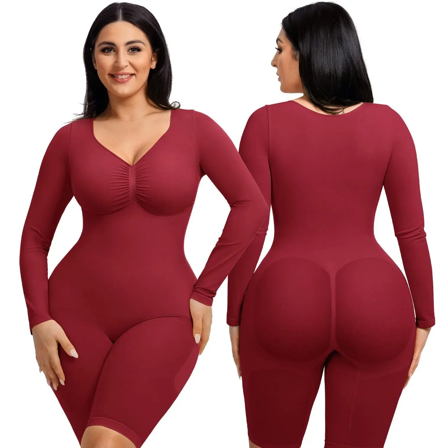 Feelingirl Women's Long Sleeve Tummy Control V-Neck Bodysuit - Basic Stretchy Slim Fit Top for Outings