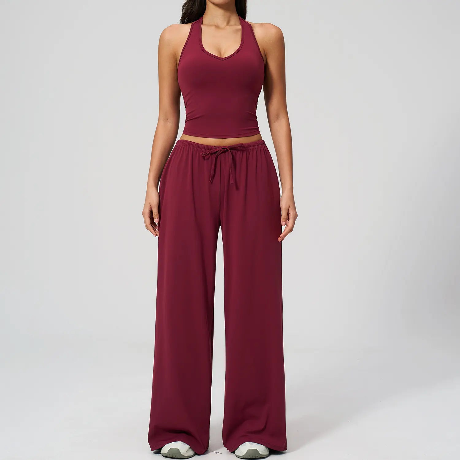 Nvwaurban Women's 2-Piece Summer Athleisure Set: Ribbed V-Neck Top and Wide Leg Pants for Gym and Travel