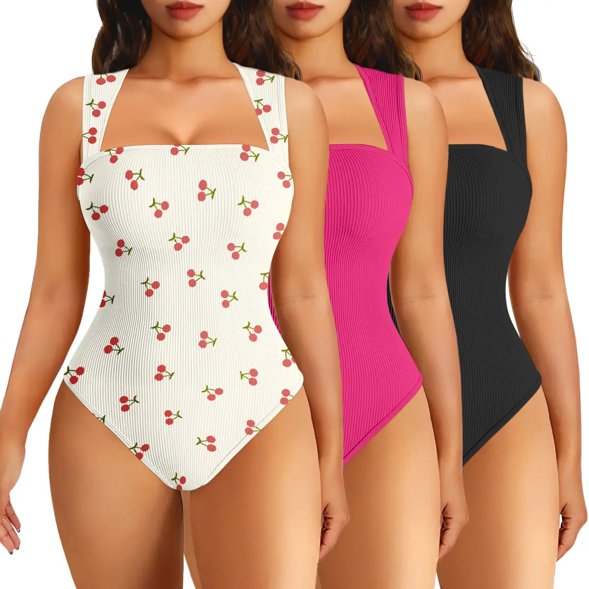 Oqqfitness Women's 3-Piece Ribbed Printed Bodysuit Set - Square Neck, Sleeveless, Stretchy Top for Casual Chic Elegance in All Seasons