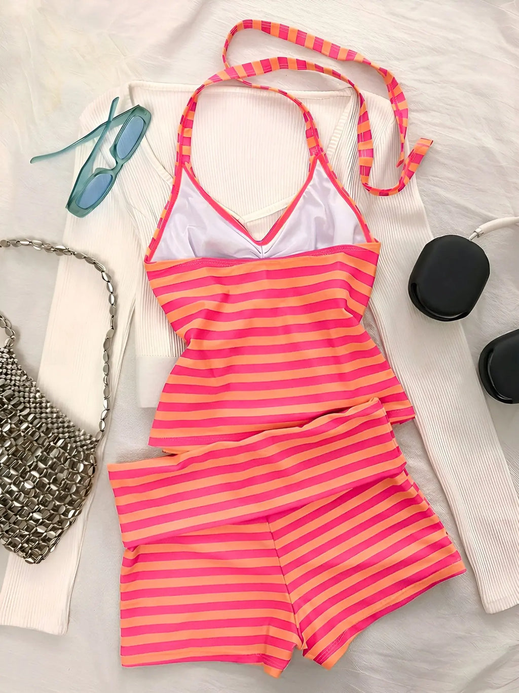Striped Tankini Swimsuit, Elegant Sexy Halter Crop Top & Boyshorts, Women Sporty Swimwear for Beach Pool Vacation, Spring and Summer, Striped Swimsuits, Sporty Bathing Suit, Halter Neck Tankini