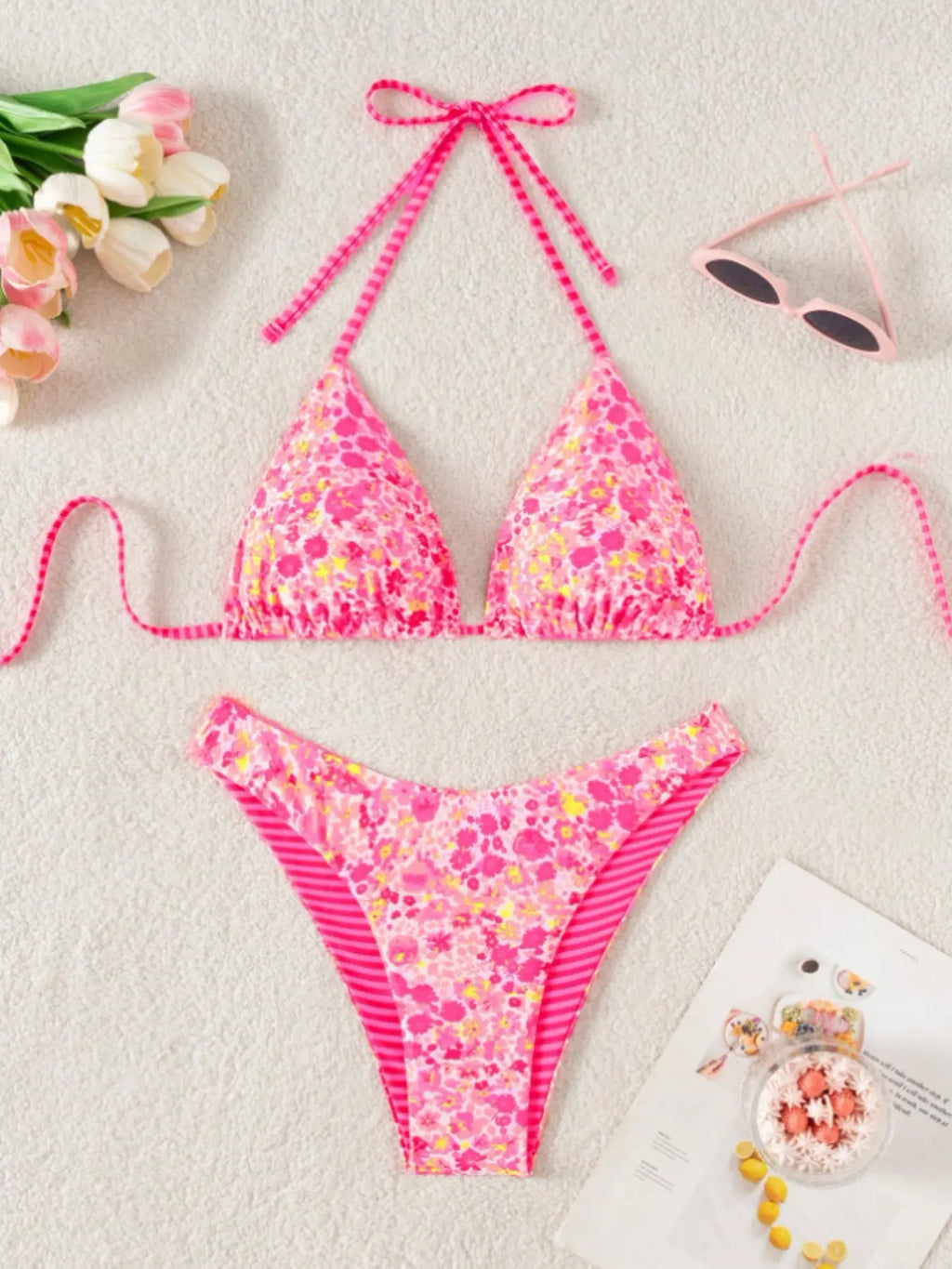 Women's Floral Print Two-Piece Bikini Swimsuit Set - Comfortable Tie-Neck Design for Pool Parties and Beach Vacations