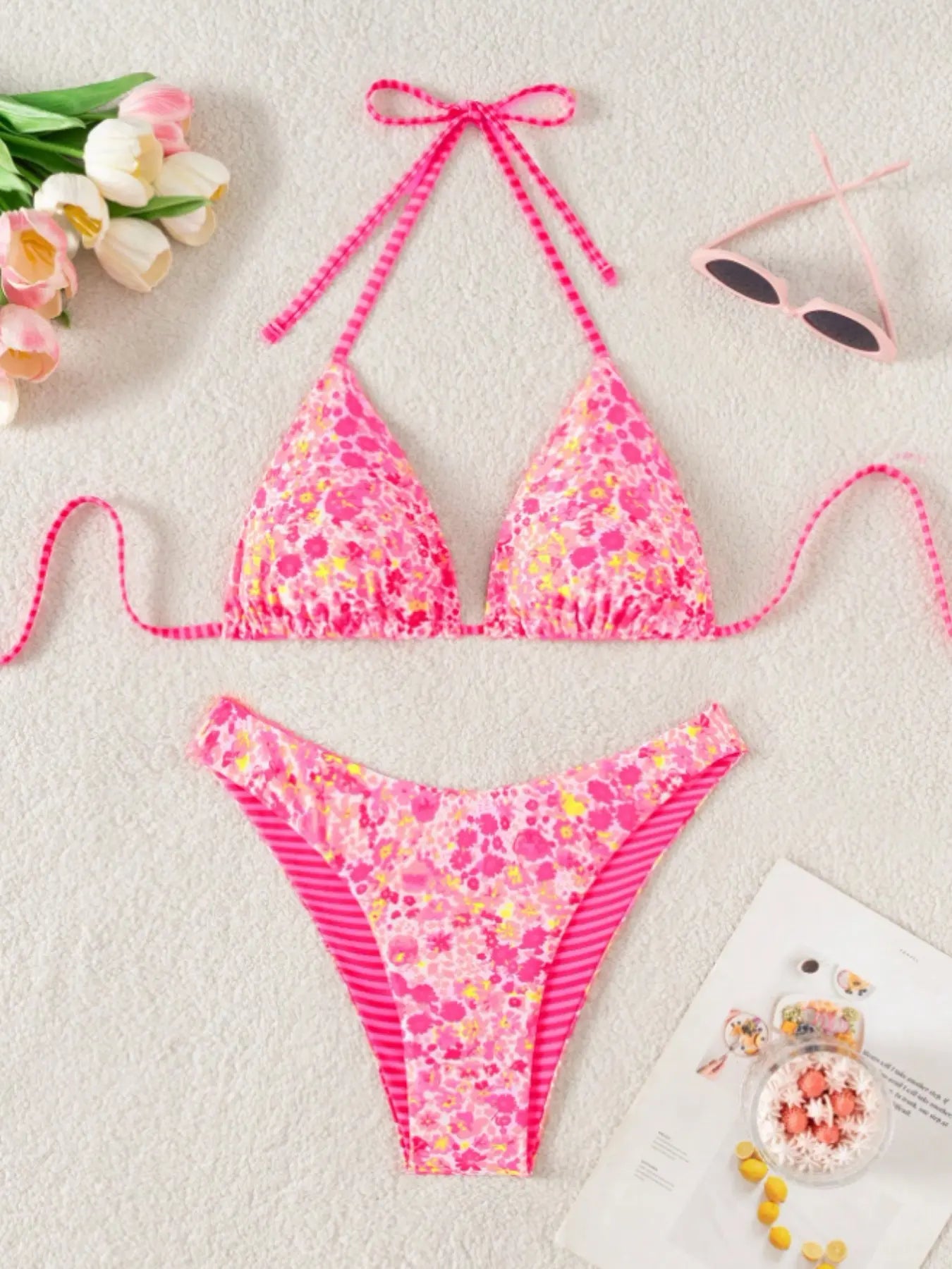 Women's Floral Print Two-Piece Bikini Swimsuit Set - Comfortable Tie-Neck Design for Pool Parties and Beach Vacations