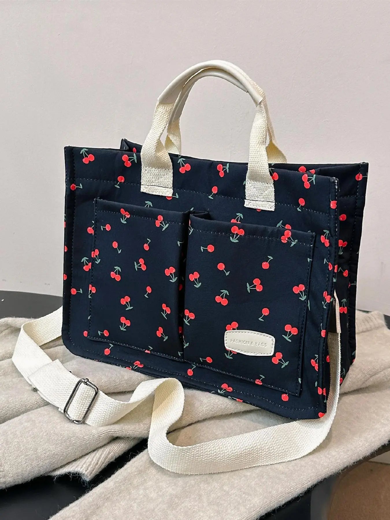Summer Tote Bag for Women - Versatile Cherry Pattern Work and Beach Bag, Stylish Fabric Shoulder Bag for Everyday Use