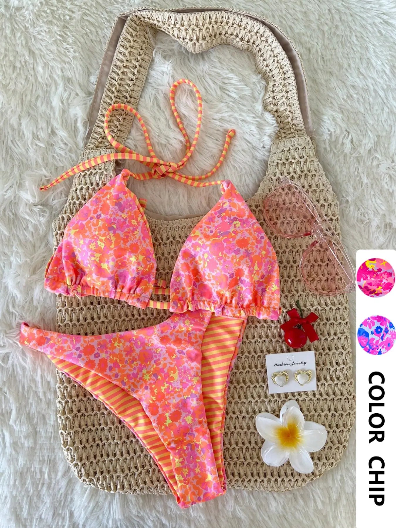 Women's Floral Print Two-Piece Bikini Swimsuit Set - Comfortable Tie-Neck Design for Pool Parties and Beach Vacations