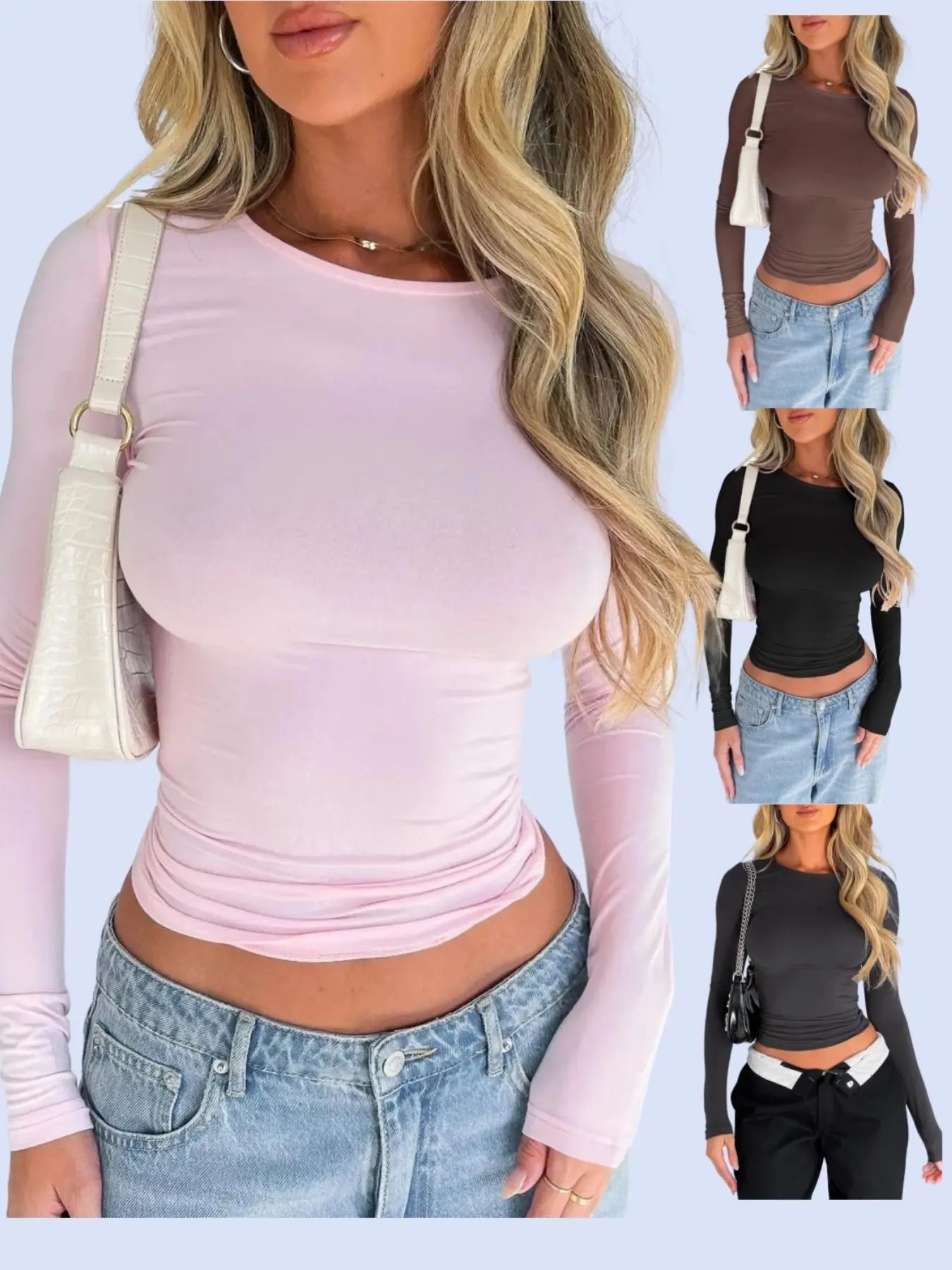 Women's Trendy Round Neck Long Sleeve Crop Top - Casual Slim-Fitting Tee for Music Festivals, Dating, and Everyday Wear
