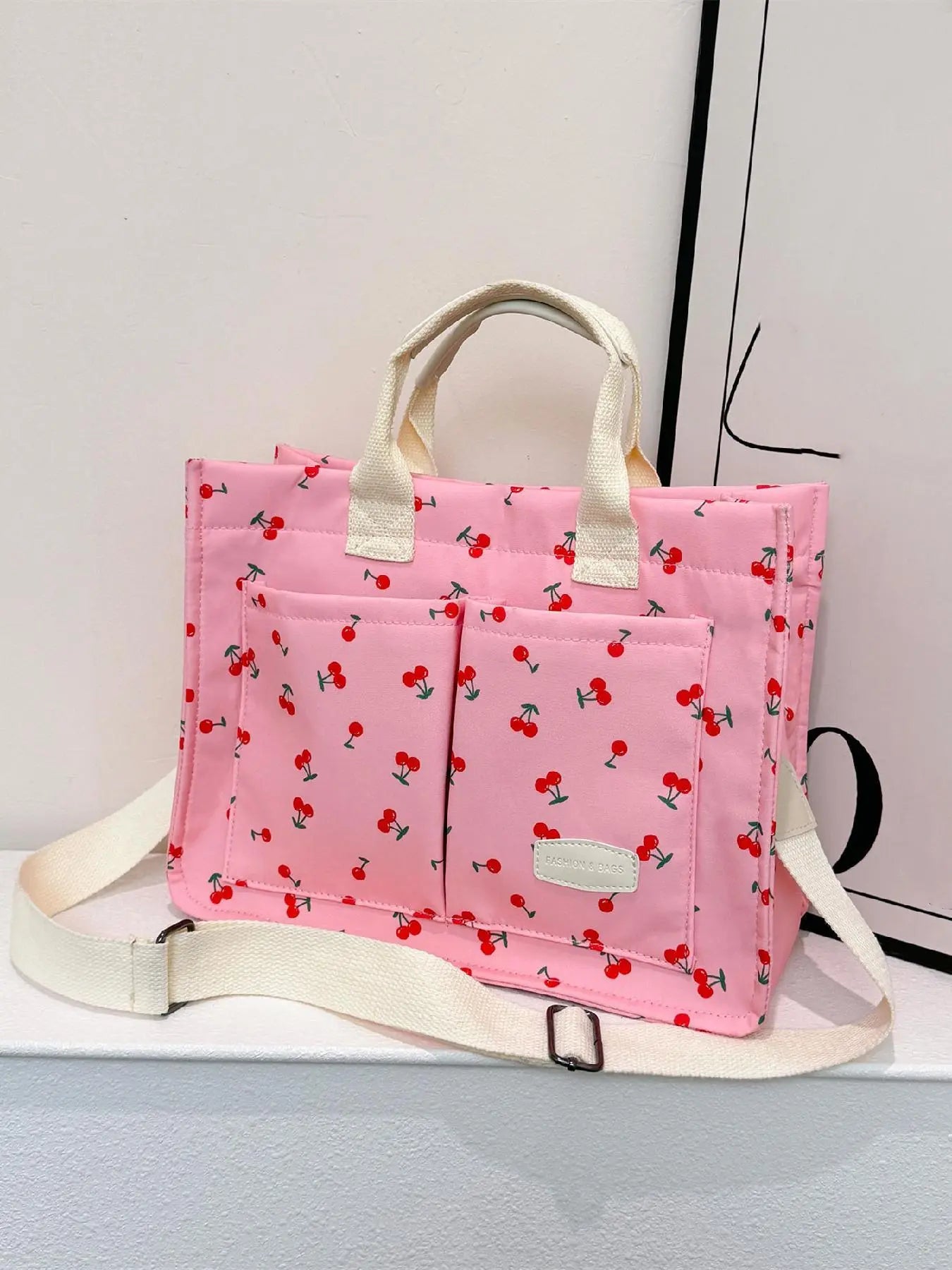 Summer Tote Bag for Women - Versatile Cherry Pattern Work and Beach Bag, Stylish Fabric Shoulder Bag for Everyday Use