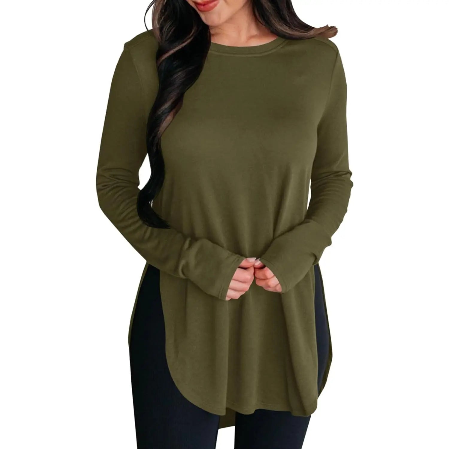 Women's Stylish Casual Tunic Top - Long Sleeve Viscose Elastane Pullover with Side Split Hi-Low Hem for Effortless Dressy Comfort