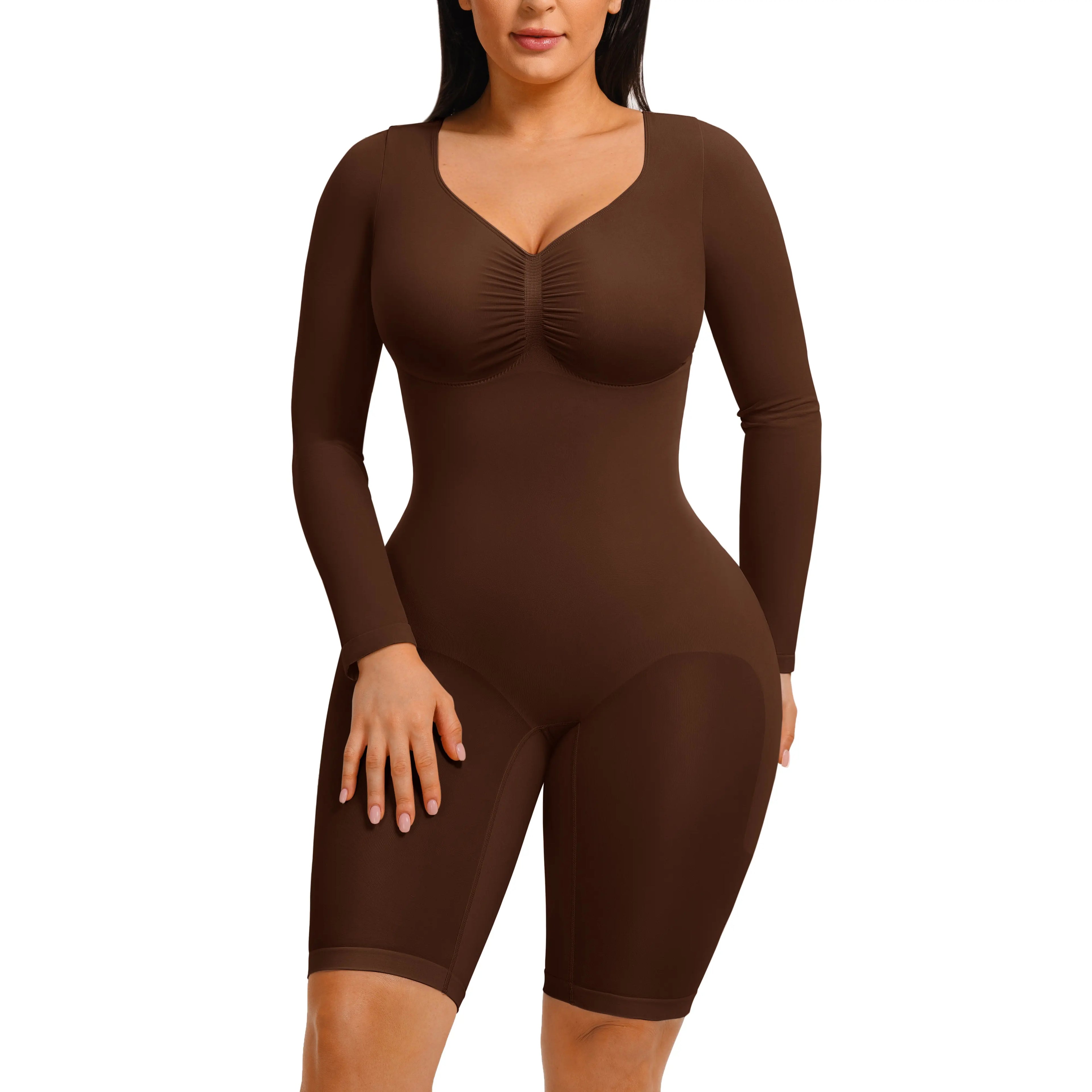 Feelingirl Women's Long Sleeve Tummy Control V-Neck Bodysuit - Basic Stretchy Slim Fit Top for Outings