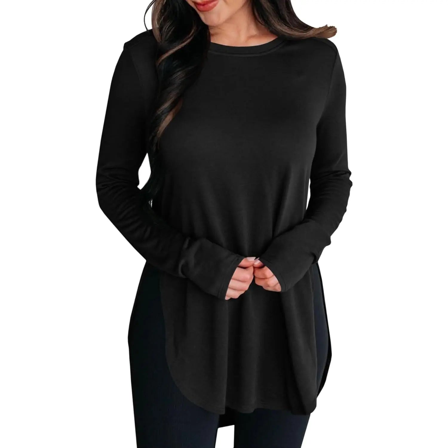 Women's Stylish Casual Tunic Top - Long Sleeve Viscose Elastane Pullover with Side Split Hi-Low Hem for Effortless Dressy Comfort
