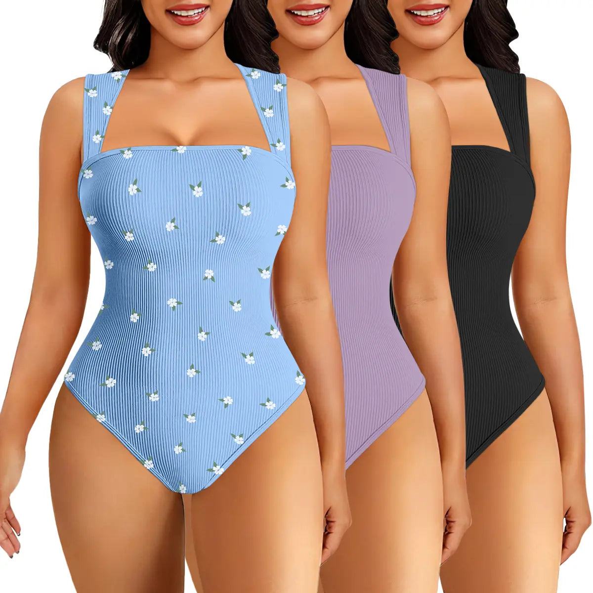 Oqqfitness Women's 3-Piece Ribbed Printed Bodysuit Set - Square Neck, Sleeveless, Stretchy Top for Casual Chic Elegance in All Seasons