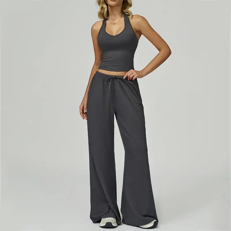Nvwaurban Women's 2-Piece Summer Athleisure Set: Ribbed V-Neck Top and Wide Leg Pants for Gym and Travel