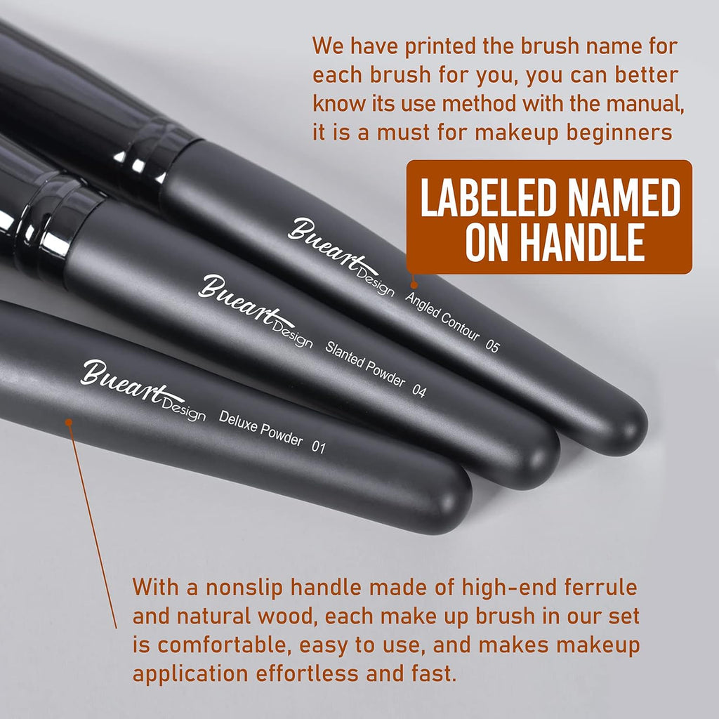 19-Piece Ultra Soft Black Label Dense Hair Makeup Brush Set with Travel Case - Includes Large Powder, Flat Foundation, Ultimate Blending, Blush, and Concealer Brushes