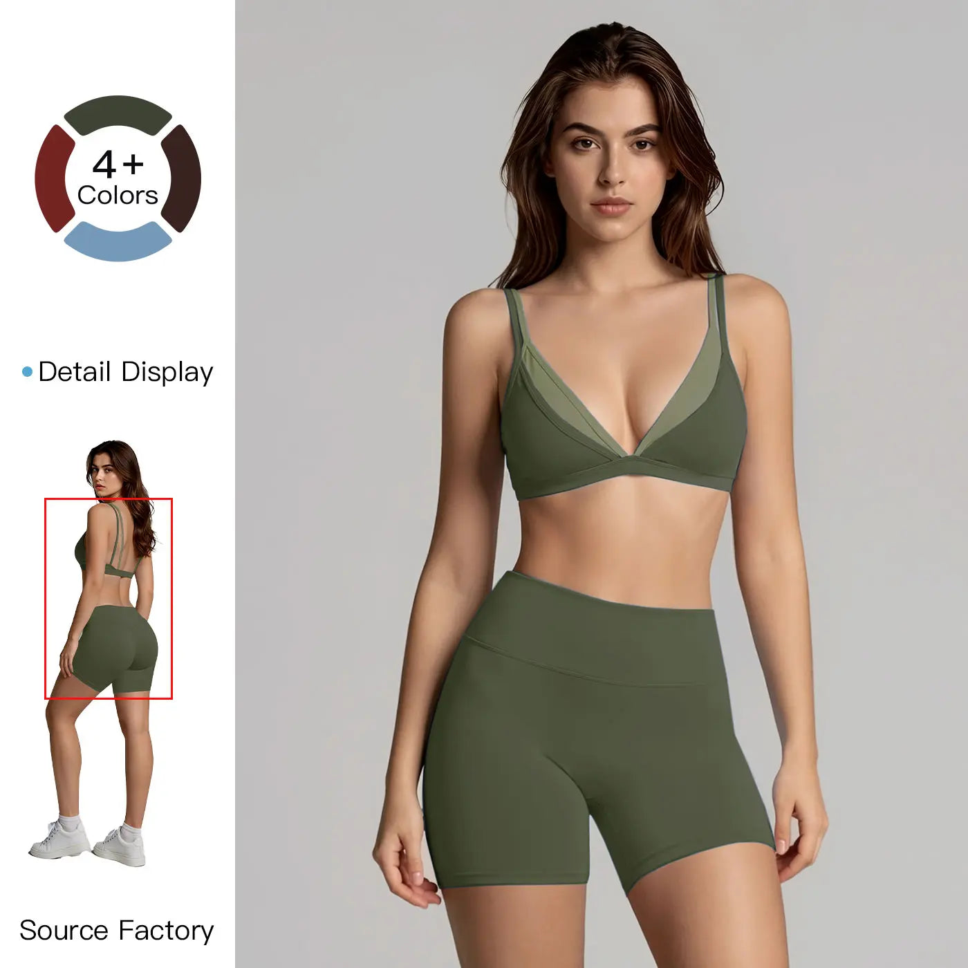 MFVIM Women's Faux Two-Piece Bra with Elegant Back Design and Thin Straps, Complemented by High-Waisted Solid-Color Slim Shorts; Ideal for Outdoor Activities, Yoga, Pilates, Gym Workouts, and Running.