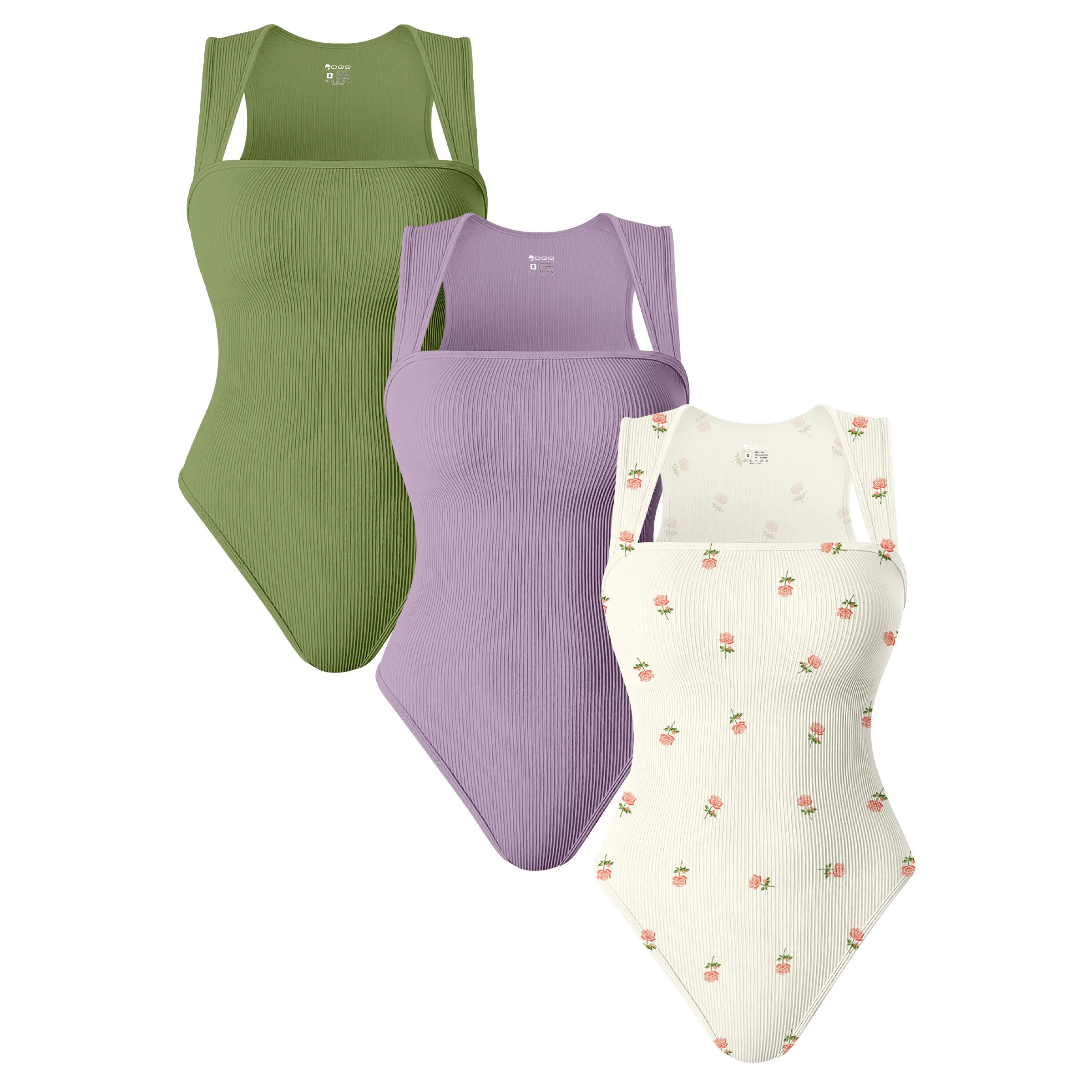 Oqqfitness Women's 3-Piece Ribbed Printed Bodysuit Set - Square Neck, Sleeveless, Stretchy Top for Casual Chic Elegance in All Seasons