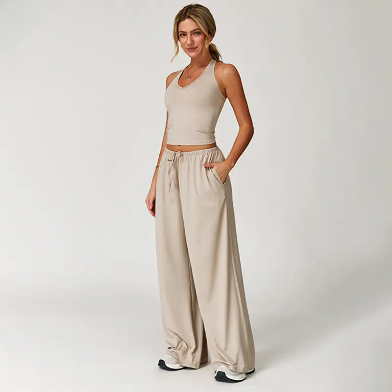 Nvwaurban Women's 2-Piece Summer Athleisure Set: Ribbed V-Neck Top and Wide Leg Pants for Gym and Travel