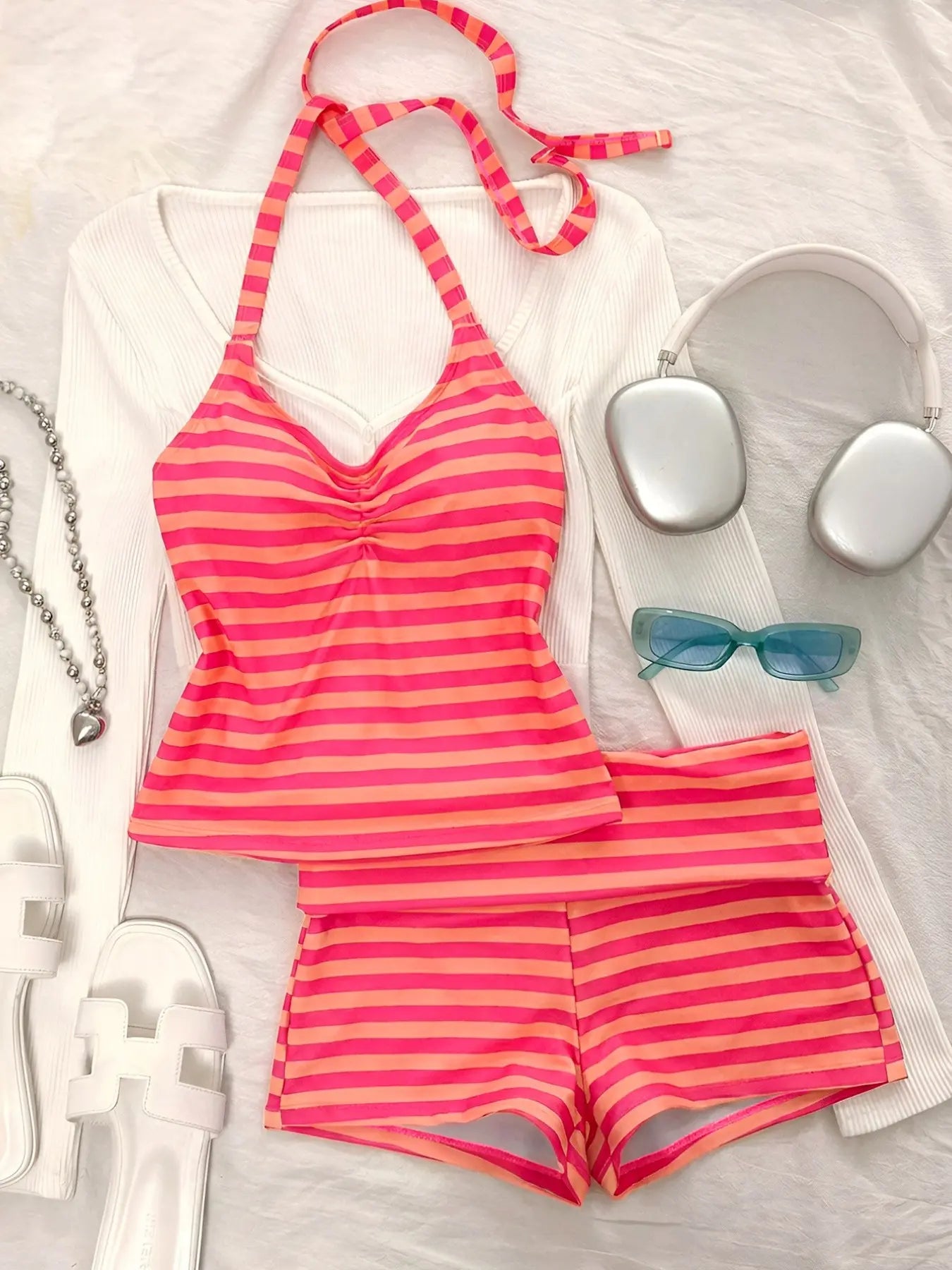 Striped Tankini Swimsuit, Elegant Sexy Halter Crop Top & Boyshorts, Women Sporty Swimwear for Beach Pool Vacation, Spring and Summer, Striped Swimsuits, Sporty Bathing Suit, Halter Neck Tankini