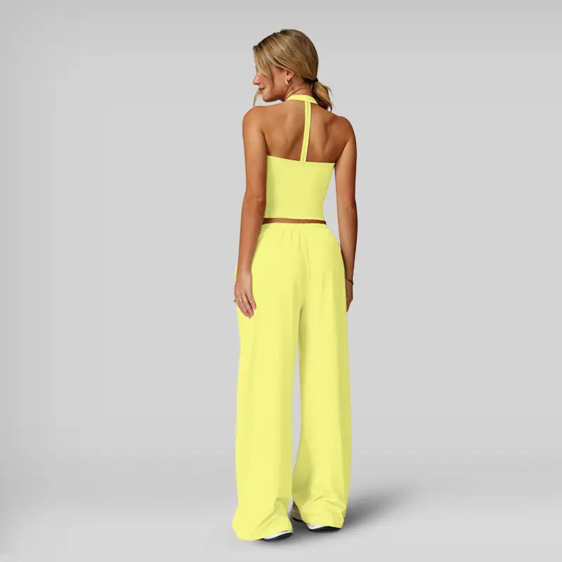 Nvwaurban Women's 2-Piece Summer Athleisure Set: Ribbed V-Neck Top and Wide Leg Pants for Gym and Travel