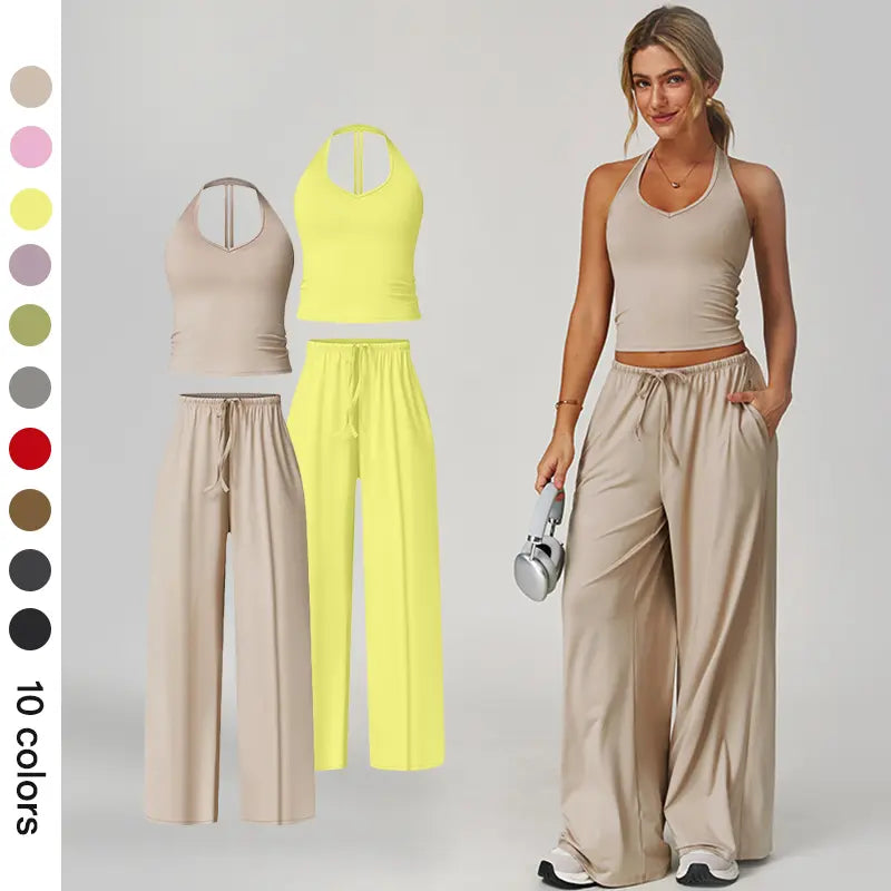 Nvwaurban Women's 2-Piece Summer Athleisure Set: Ribbed V-Neck Top and Wide Leg Pants for Gym and Travel