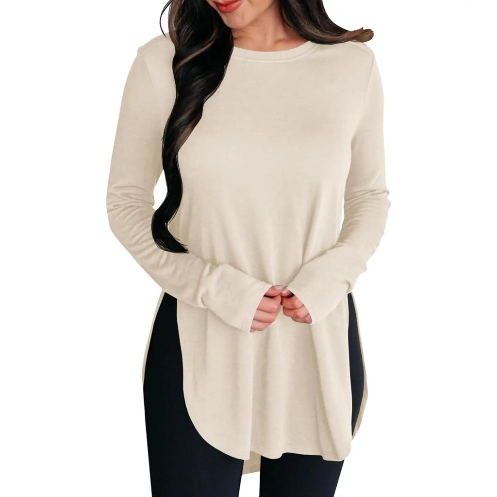Women's Stylish Casual Tunic Top - Long Sleeve Viscose Elastane Pullover with Side Split Hi-Low Hem for Effortless Dressy Comfort